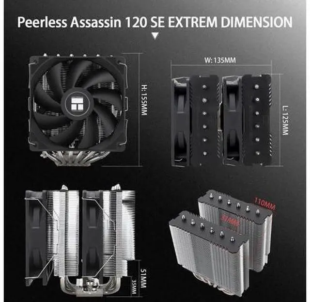 Alt view image 6 of 6 - Peerless Assassin 120 SE Extrem CPU Air Cooler with 6 Heat Pipes, Dual PWM Fans, AGHP heatpipe Technology, 154mm High Cooling, for AM5/AM4, Intel LGA1851/1700/1150/1151/1155/1156/1200