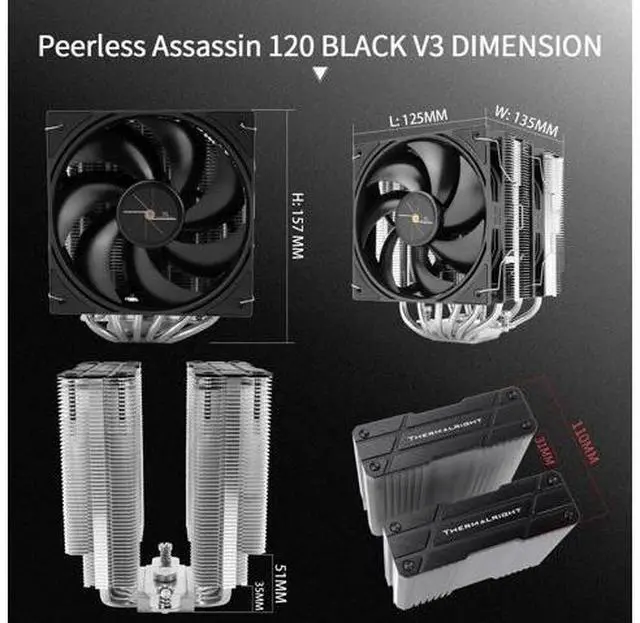 Alt view image 6 of 6 - Peerless Assassin 120 Black V3 CPU Cooler, 6 Heat Pipes AGHP Technology, Dual 120mm PWM Fans, 2000RPM Speed, for AMD:AM4 AM5/Intel LGA 1851/1700/1150/1151/1200,PC Cooler