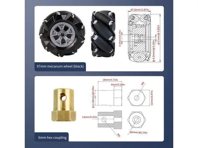 Alt view image 4 of 7 - Mecanum Wheel 65mm 80mm 97mm Omni Wheel with 6mm Hexagonal Metal Coupling Motor Connector Tire for AGV Smart Robot (97mm black mecanum wheel *4)
