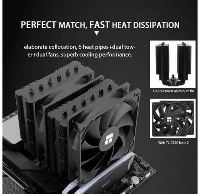 Alt view image 4 of 6 - Peerless Assassin 120 SE Black CPU Cooler, 6 Heat Pipes PC Cooling, Dual Towers and Dual PWM Fans, Computer CPU Air Cooling for AMD:AM4 AM5&Intel LGA1150/1151/1200/1700/1851,Black