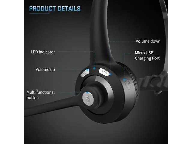 Alt view image 4 of 7 - Pro Bluetooth Headphones, Trucker Bluetooth Headset, Wireless Over Head Earpiece, On Ear Car Bluetooth Headphones with Microphone for Truck Driver, Phones, Skype, Call Center, Office