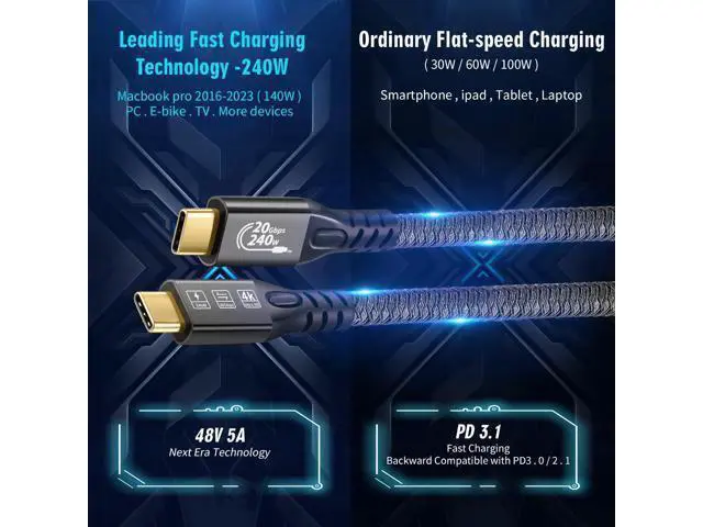 Alt view image 2 of 7 - USB C 3.2 Gen2 20Gbps, 2PCS Type C 4K@60Hz UHD Video 5A/240W PD3.1 Fast Charge Cord with E-Marker Compatible with Thunderbolt 3/4 for iPhone 15Pro MacBook (2PCS USB C 20G 240W 3M)