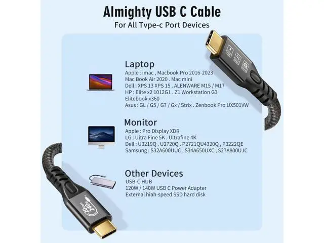 Alt view image 6 of 7 - USB C 3.2 Gen2 20Gbps, 2PCS Type C 4K@60Hz UHD Video 5A/240W PD3.1 Fast Charge Cord with E-Marker Compatible with Thunderbolt 3/4 for iPhone 15Pro MacBook (2PCS USB C 20G 240W 3M)