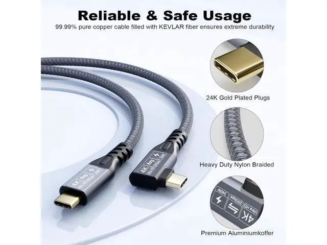 Alt view image 4 of 7 - USB C 3.2 Gen2 20Gbps Cable, 2PCS 90Degree Type C 4K@60Hz UHD Video 5A/240W PD3.1 Fast Charge Cord with E-Marker Compatible with Thunderbolt 3/4 for 15Pro MacBook (2PCS 90Degree 20G 240W 3M)