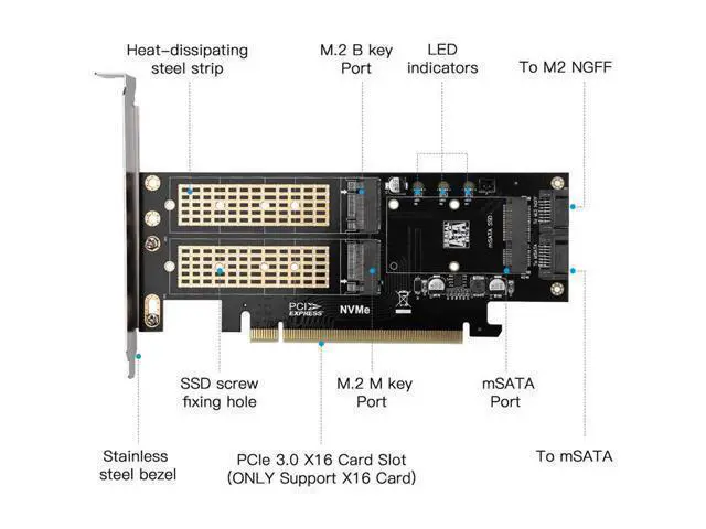 Alt view image 3 of 3 - 3 in 1 NGFF and MSATA SSD Adapter Card M.2 NVME to PCIe 16X/M.2 SATA SSD to SATA III to SATA Converter+2 SATA Cable