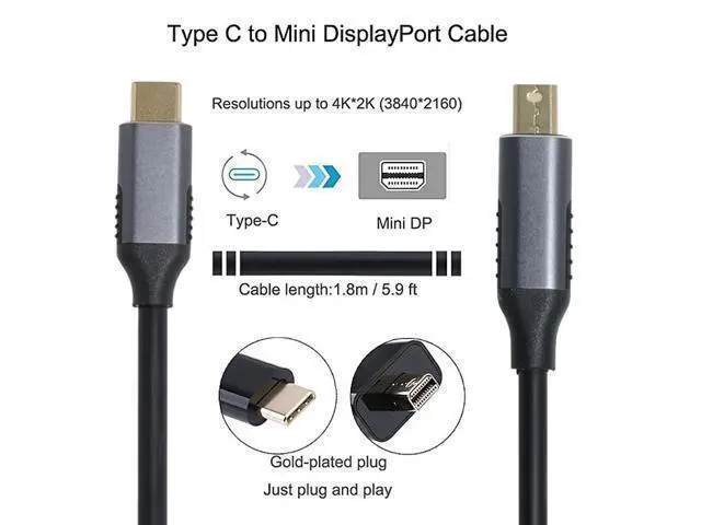 Alt view image 2 of 3 - USB 3.1 Type C USB-C Source to Mini DisplayPort DP Displays Male 4K Monitor Cable for Laptop 1.8m