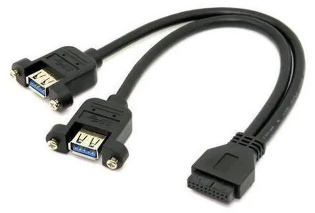 Main image of USB 3.0 Dual Ports A Female Screw Mount Type to Motherboard 20pin Header Cable Black Color