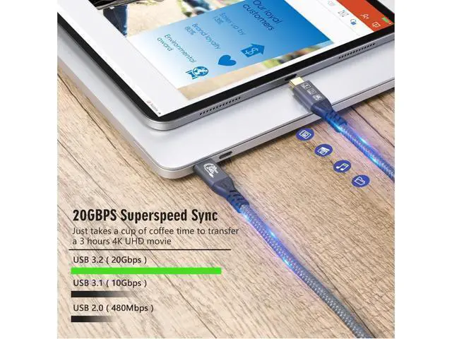 Alt view image 3 of 7 - 2 x USB C 3.2 Gen2 20Gbps, Type C 4K@60Hz UHD Video 5A/240W PD3.1 Fast Charge Cord with E-Marker Compatible with Thunderbolt 3/4 for MacBook Pro (USB3.2 20G 240W 3M 2PCS)