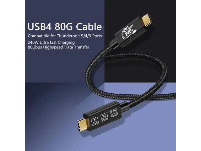 Alt view image 2 of 7 - USB4 Cable, with Thunderbolt 5 Cable, 240 W Charging Cable, 80 Gbps Data Cable, gen4 cable,16K@60Hz 4K120Hz HDR, USB C to USB C Cable, for Hub, Dock, M2, M3, SSD, Laptops, Monitor (TB5 80G 240W 1M)