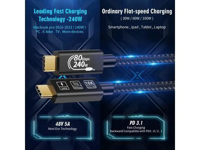 Alt view image 6 of 7 - USB4 Cable, with Thunderbolt 5 Cable, 240 W Charging Cable, 80 Gbps Data Cable, gen4 cable,16K@60Hz 4K120Hz HDR, USB C to USB C Cable, for Hub, Dock, M2, M3, SSD, Laptops, Monitor (TB5 80G 240W 1M)