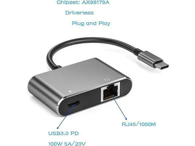 Alt view image 3 of 7 - ULANSeN USB C to RJ45 LAN Ethernet Gigabit Network Adapter with Chippset AX88179 with 100W PD Charging for Windows/iOS/iPadOS/macOS/Linux