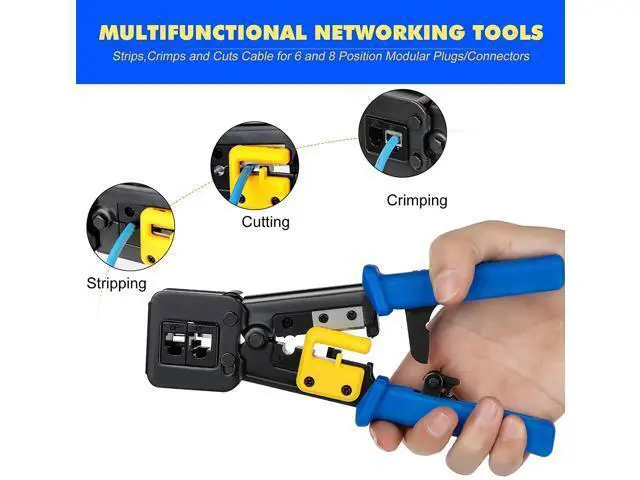 Alt view image 2 of 6 - RJ45 Crimp Tool Kit Pass Thru Cat5 Cat5e Cat6 RJ45 Crimping Tool with 20PCS RJ45 Cat6 Pass Through Connectors, 20PCS Covers, 1 Network Cable Tester,1 Wire Punch Down Cutter and 1 Mini Screwdriver