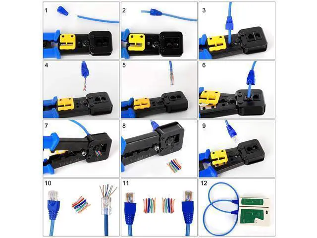 Alt view image 4 of 6 - RJ45 Crimp Tool Kit Pass Thru Cat5 Cat5e Cat6 RJ45 Crimping Tool with 20PCS RJ45 Cat6 Pass Through Connectors, 20PCS Covers, 1 Network Cable Tester,1 Wire Punch Down Cutter and 1 Mini Screwdriver