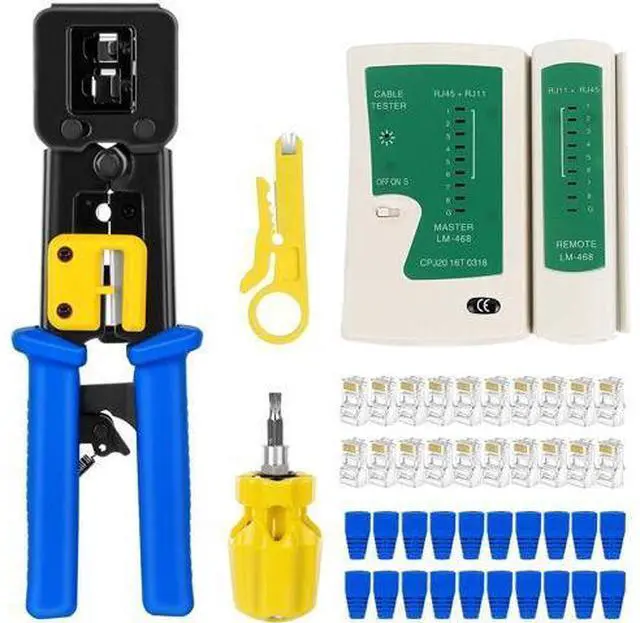 Main image of RJ45 Crimp Tool Kit Pass Thru Cat5 Cat5e Cat6 RJ45 Crimping Tool with 20PCS RJ45 Cat6 Pass Through Connectors, 20PCS Covers, 1 Network Cable Tester,1 Wire Punch Down Cutter and 1 Mini Screwdriver