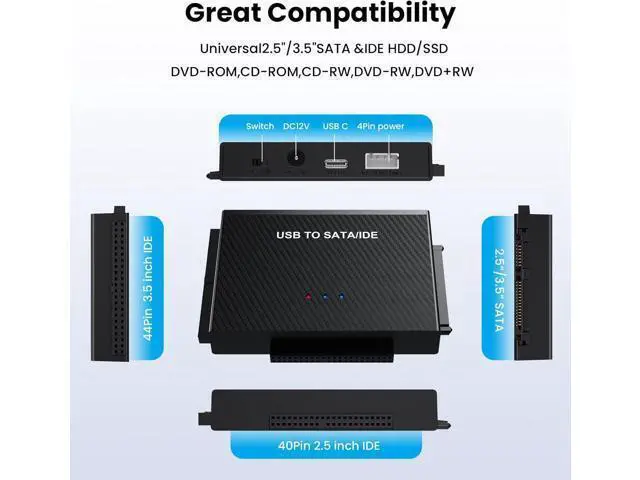 Alt view image 5 of 7 - Hard Drive Reader SATA IDE to USB 3.0 Adapter USB + Type C to External Hard Drive Data Ultra Recovery Converter Kit for Universal 2.5 3.5 IDE HDD 2.5 SSD with 12V/2A Power Adapter