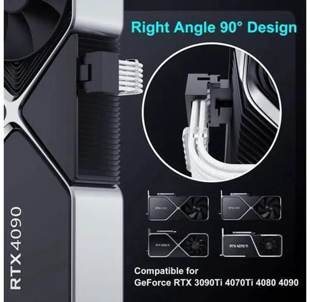 Alt view image 2 of 5 - Bangfun 90 Degree 16Pin RTX 4090 GPU Power Cable, PCIE 5.0 16Pin to 3X8Pin Male to Female Right Angled 12VHPWR GPU Extension Cable Adapter for GeForce RTX 3090Ti 4080 Super 5080 5070 Ti-13inch White