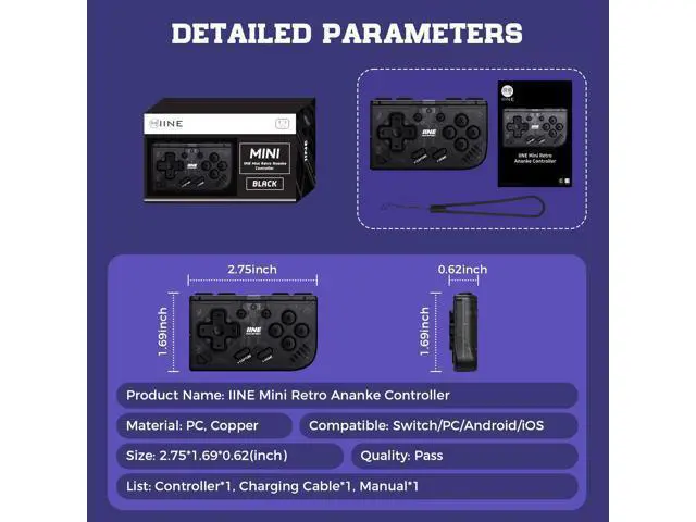 Alt view image 7 of 7 - IINE Mini Retro Wireless Controller, Micro Remote Controller for Switch/OLED, PC, Android and IOS, Keychain Pocket-sized Controller with Turbo Function (Black)