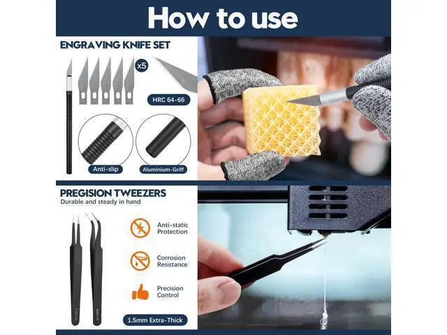 Alt view image 5 of 7 - 50-Piece 3D Printer Tool Kit, 3D Printing Accessories Compatible with FDM/SLA Printers, Including Nozzle Cleaning Kit, Scraper, Deburring Tool, Files, Brushes, with Storage Case, Starter Kit