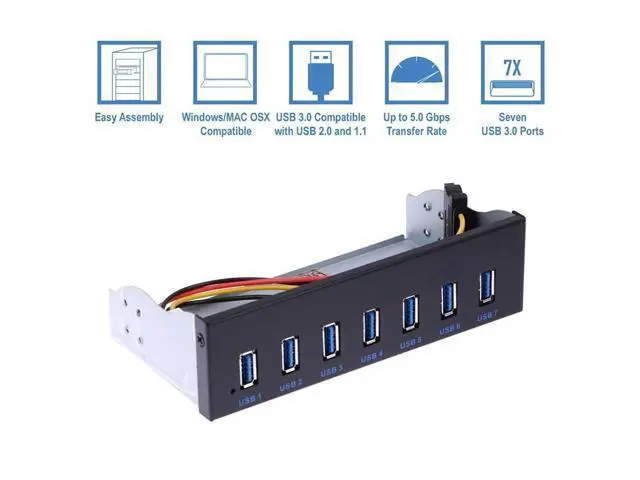 Alt view image 5 of 5 - 7 Port USB 3.0 Hub 5Gbs 5.25inch CD-ROM Drive Bay CD ROM Front Panel for Computer Case+USB 3.0 19-pin Header to Type-A Male Ca