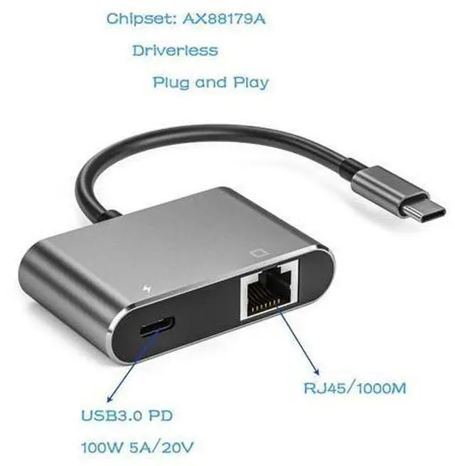 Alt view image 3 of 5 - ULANSeN USB C to RJ45 LAN Ethernet Gigabit Network Adapter with Chippset AX88179 with 100W PD Charging for Windows/iOS/iPadOS/macOS/Linux
