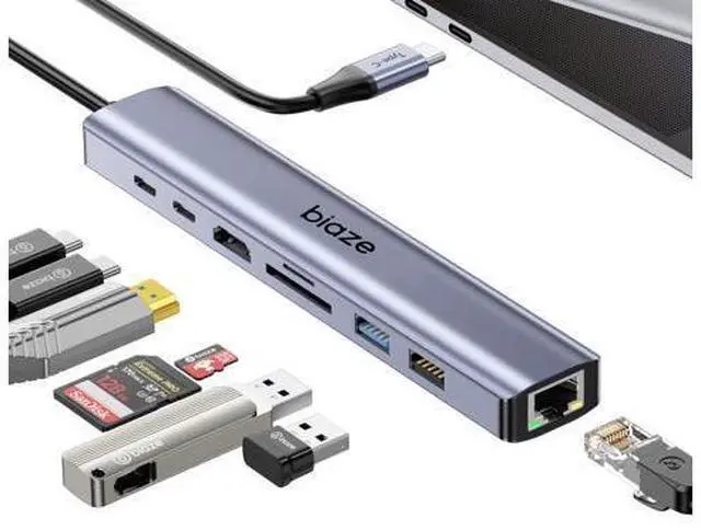 Main image of Biaze 8-in-1 USB-C Hub for MacBook Pro with 4K HDMI Adapter, Supporting 100W PD Fast Charging, 100Mbps Ethernet, 2 USB 3.0 Ports, and SD/TF Card Reader. Compatible with MacBook and Type-C laptops.