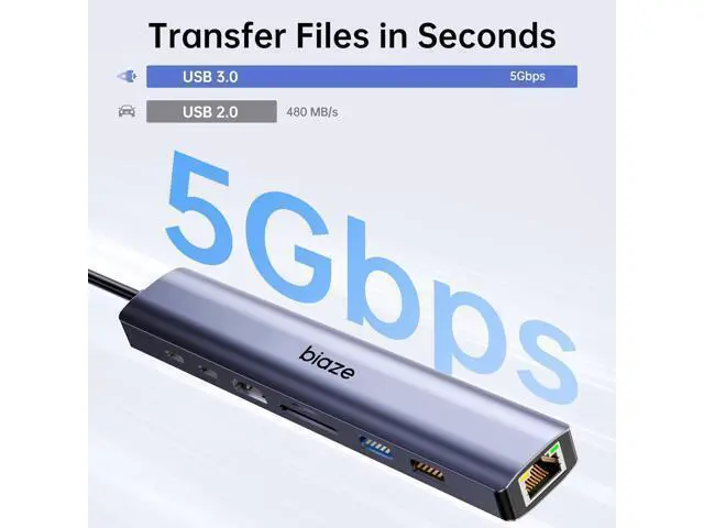 Alt view image 3 of 5 - Biaze 8-in-1 USB-C Hub for MacBook Pro with 4K HDMI Adapter, Supporting 100W PD Fast Charging, 100Mbps Ethernet, 2 USB 3.0 Ports, and SD/TF Card Reader. Compatible with MacBook and Type-C laptops.