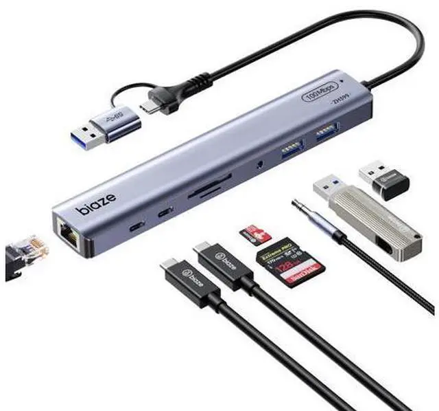 Main image of BIAZE 9-in-1 USB/USB C Hub Adapter for MacBook, iPhone,3 USB Ports (2xUSB 3.0, USB 2.0), 100M Ethernet, SD/TF Card Reader, 3.5mm Audio, 2X USB-C Data Ports,No Driver Required