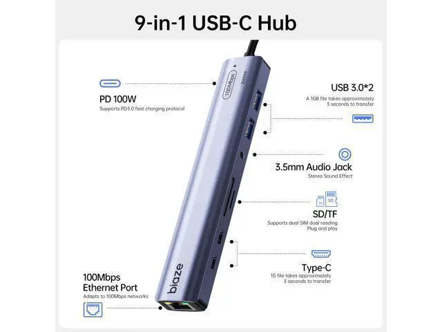 Alt view image 2 of 5 - BIAZE 9-in-1 USB/USB C Hub Adapter for MacBook, iPhone,3 USB Ports (2xUSB 3.0, USB 2.0), 100M Ethernet, SD/TF Card Reader, 3.5mm Audio, 2X USB-C Data Ports,No Driver Required