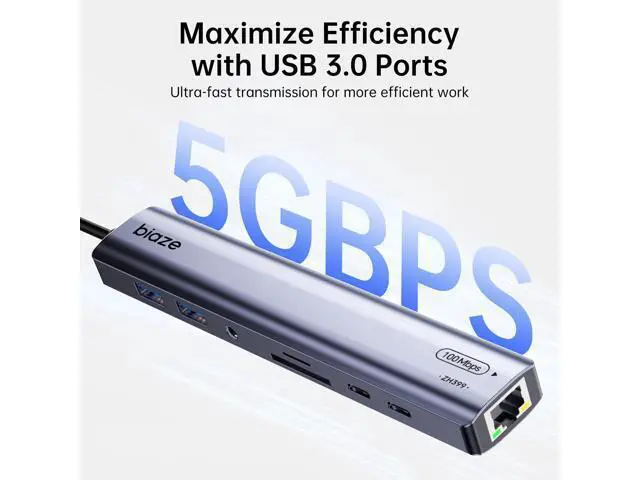Alt view image 3 of 5 - BIAZE 9-in-1 USB/USB C Hub Adapter for MacBook, iPhone,3 USB Ports (2xUSB 3.0, USB 2.0), 100M Ethernet, SD/TF Card Reader, 3.5mm Audio, 2X USB-C Data Ports,No Driver Required