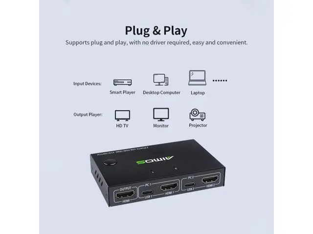 Alt view image 2 of 7 - AIMOS AM-KVM201CC 2-Port HDMI KVM Switch Support 4K*2K@30Hz HDMI KVM Switcher Keyboard Mouse USB