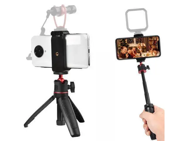Alt view image 4 of 4 - Mt-08 2 In 1 Mini Tripod Stand with Cold Shoe Mount + Phone Holder Extendable Selfie Stick for Smartphone/Camera/Video Light