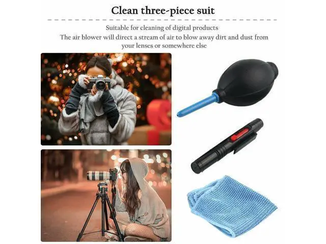 Alt view image 2 of 4 - 3 In1 Camera Lens Cleaner Equipment Kit Rubber Dust Blower Pen Brush Fabric Wiper Cleaning Suit with Air Blower and Brush