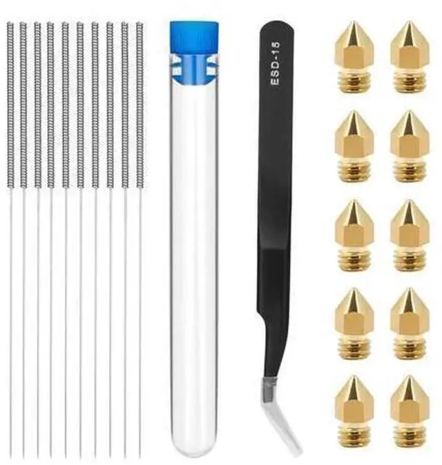 Main image of 10Pcs 3D Printer part Nozzles+10Pcs Cleaning Kit Stainless Steel Cleaning Needle 0.4mm nozzle Needles 1Pack Tweezers Tool Kit