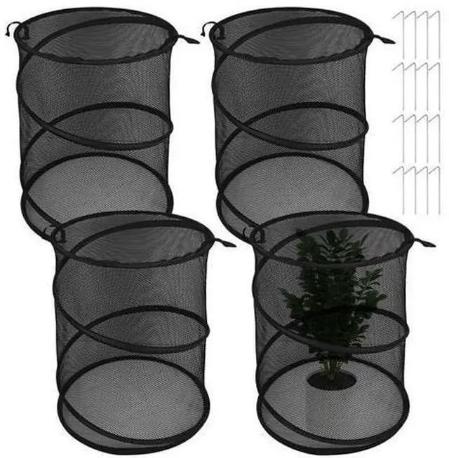 Main image of 4 Pack of Pop-Up Garden Plant Protection Netting with 16 Ground Anchors, Black Cloche, Transparent Mesh Covers for Plant Safety Indoors & Outdoors