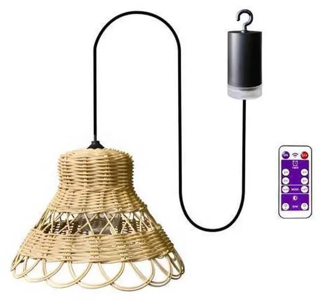 Main image of Battery Operated Outdoor Chandelier, Bohemian Woven Outdoor Light with Remote, Rattan Lampshade, Cordless Hanging Light for Porch, Patio, Living Room