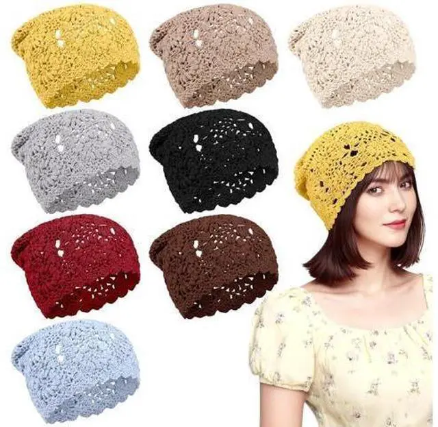 Main image of 8 Pcs Crochet Floral Beanie Hats, Women's Lightweight Breathable Knit Hollow Caps, Slouchy Design