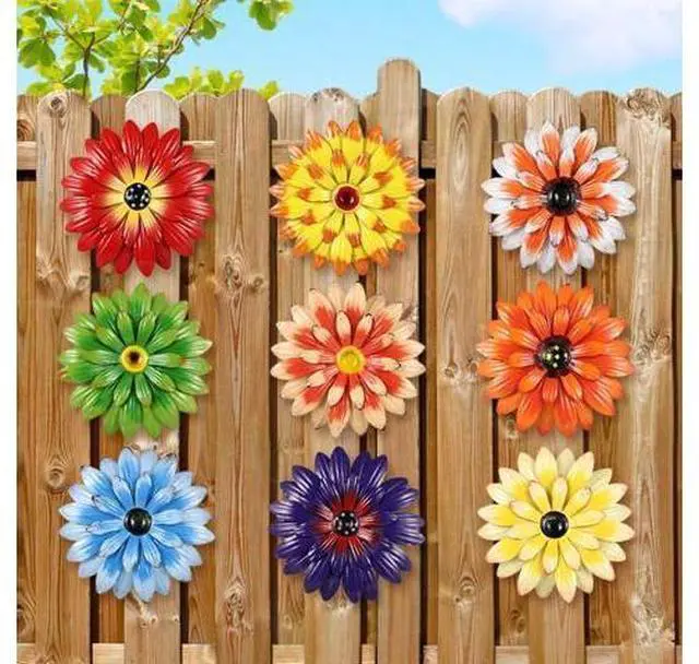 Main image of 8" Metal Flower 3D Wall Decors, 9 Pcs Multicolored Sunflower Hanging Arts for Home, Garden, Office, Yard, Layered Daisy Indoor Outdoor Decorations