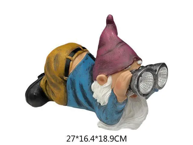 Alt view image 2 of 2 - Gnome Figurine Solar Light for Garden, Lying Down with Binoculars, Resin Led Lamp Whimsical Elf Statue, Patio, Lawn, Yard Decoration