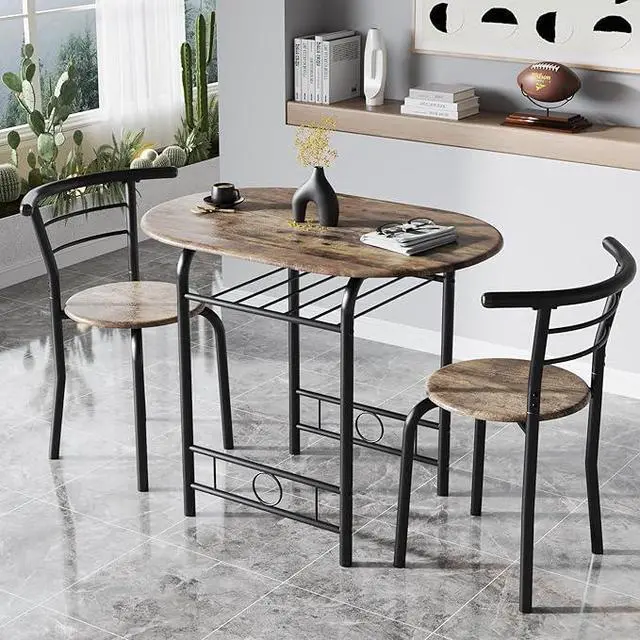 Alt view image 4 of 5 - uego de mesa redonda y silla de madera de 3 piezas, ahorro de espacio, rincón de desayuno, mesa de grano de madera con marco de metal y estante de vino integrado para cocina, comedor