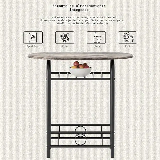 Alt view image 3 of 5 - uego de mesa redonda y silla de madera de 3 piezas, ahorro de espacio, rincón de desayuno, mesa de grano de madera con marco de metal y estante de vino integrado para cocina, comedor