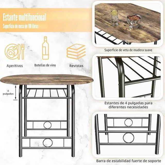 Alt view image 5 of 5 - uego de mesa redonda y silla de madera de 3 piezas, ahorro de espacio, rincón de desayuno, mesa de grano de madera con marco de metal y estante de vino integrado para cocina, comedor