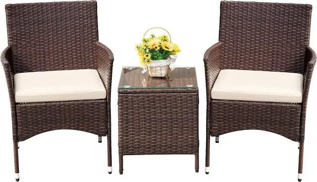 Main image of 3 piezas, de ratán, de polietileno, sillas de mimbre, cojín beige con mesa al aire libre, muebles de jardín