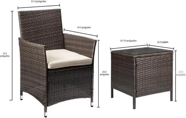 Alt view image 2 of 7 - 3 piezas, de ratán, de polietileno, sillas de mimbre, cojín beige con mesa al aire libre, muebles de jardín