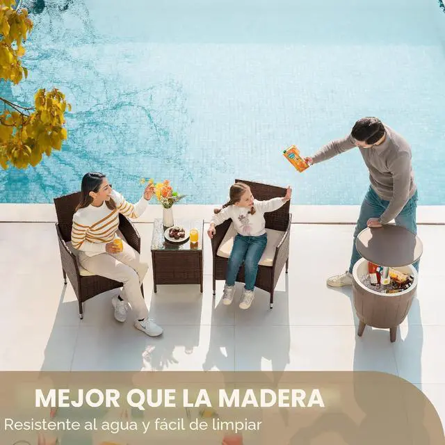 Alt view image 4 of 7 - 3 piezas, de ratán, de polietileno, sillas de mimbre, cojín beige con mesa al aire libre, muebles de jardín
