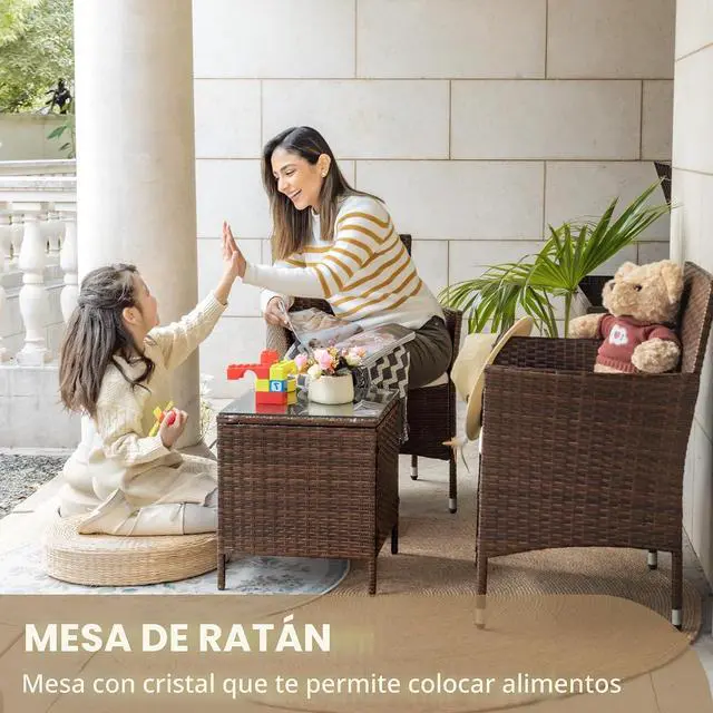 Alt view image 5 of 7 - 3 piezas, de ratán, de polietileno, sillas de mimbre, cojín beige con mesa al aire libre, muebles de jardín