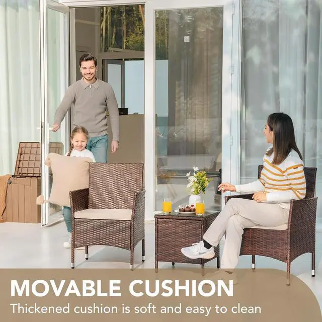 Alt view image 6 of 7 - 3 piezas, de ratán, de polietileno, sillas de mimbre, cojín beige con mesa al aire libre, muebles de jardín