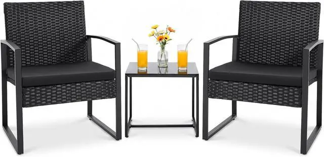 Main image of Juego de muebles de mimbre para patio al aire libre, 3 piezas, modernos juegos de conversación de sillas de ratán con mesa auxiliar para patio y bistró (negro)