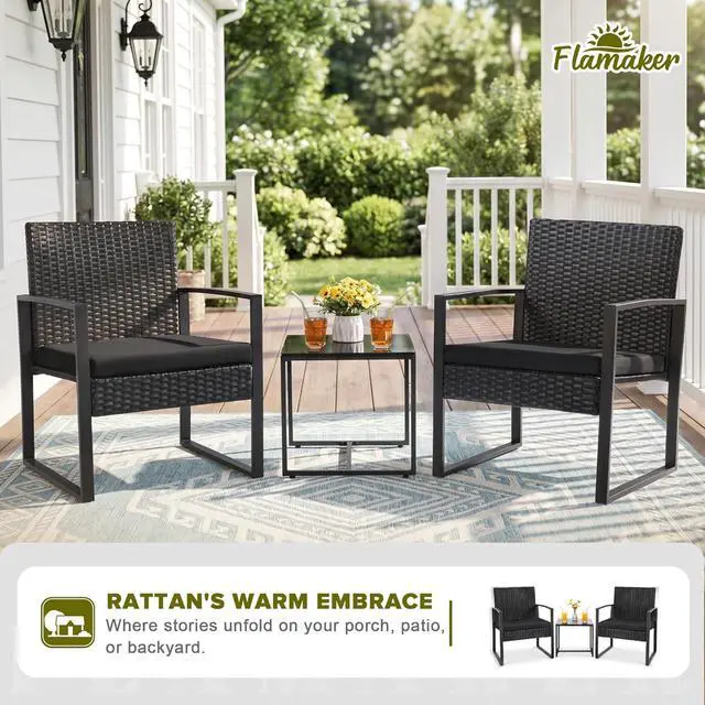 Alt view image 5 of 6 - Juego de muebles de mimbre para patio al aire libre, 3 piezas, modernos juegos de conversación de sillas de ratán con mesa auxiliar para patio y bistró (negro)