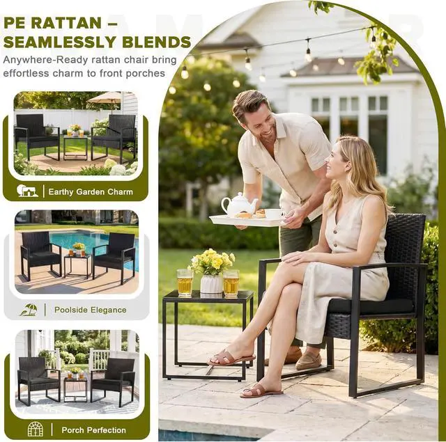 Alt view image 4 of 6 - Juego de muebles de mimbre para patio al aire libre, 3 piezas, modernos juegos de conversación de sillas de ratán con mesa auxiliar para patio y bistró (negro)