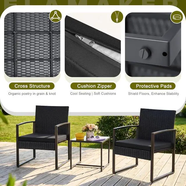 Alt view image 3 of 6 - Juego de muebles de mimbre para patio al aire libre, 3 piezas, modernos juegos de conversación de sillas de ratán con mesa auxiliar para patio y bistró (negro)
